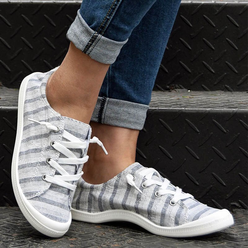 xiangtuibao Women Canvas Shoes Stripe Women Vulcanize Shoes Fashion Casual Shoe Womens Lace Up Flats Women Loafers Size 43 Zapatos Muje