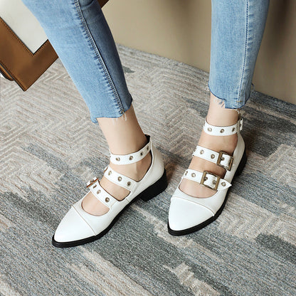 Spring Casual PU Leather Shoes Women Punk Shallow Flat Shoe Fashion Lolita Women Belt Buckle Shoes Belt Buckle Pointed Toe Flats