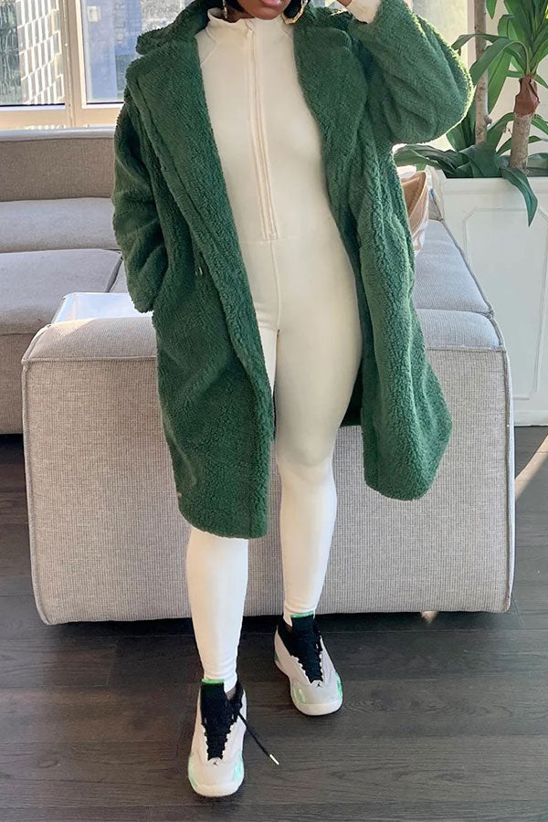 xiangtuibao Solid Color Turndown Collar Fluffy Pocket Coat