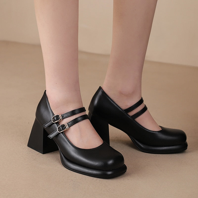 xiangtuibao Double Breasted Buttoned Cutout Breathable Thick Heel Women's Pumps Tapered Thick Heel Classic French Style Mary Jean Shoes