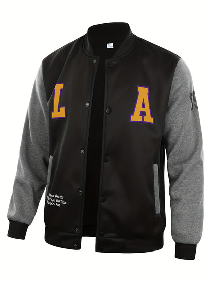 Mens Classic LA Print Varsity Jacket - Stylish Color Block Design - Durable Button Up for Spring/Fall - Trendy College Baseball Style
