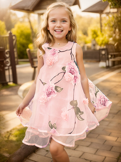 2-Layer Chiffon Sleeveless Floral Mesh Overlay Party Dress for Girls - Twist Details, Semi-Sheer, Loose Fit, Crew Neck, Brief Length, Non-Stretch Polyester, All-Season Wear, Casual Style - Perfect for Birthday and Summer Events
