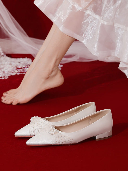 xiangtuibao Minority French Wedding Shoes Flat Bottomed  New Bride Shoes White Satin Wedding Dress Shoes Women's Flat Heel Shoe