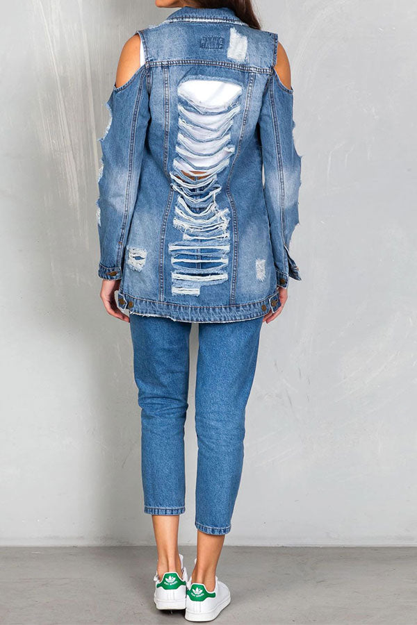 xiangtuibao Ripped Cold Shoulder Urban Gradient Denim Coat