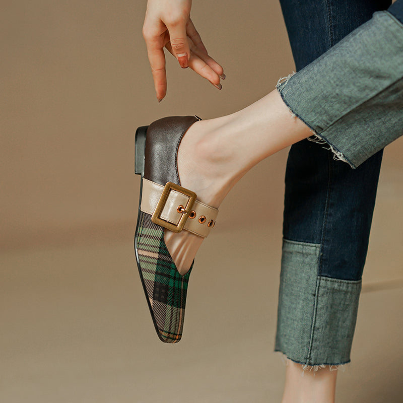 xiangtuibao Square Toe Women Flats With Buckle Women Mules Slip On Moccasins Ladies Gingham Flat Shoes Patchwork Loafers Chaussures Femme
