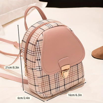Fashionable Plaid Backpack for Women - Stylish SmallAdjustable Straps, Secure Zipper Compartment, Multipurpose Shoulder Bag for Phone, Camera, Lipstick & Keys