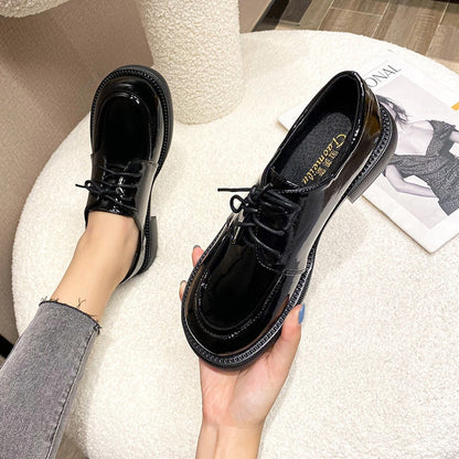 round toe lace up brogue shoes woman British designer thick heel oxford derby flats women japanned leather loafers plus size 43