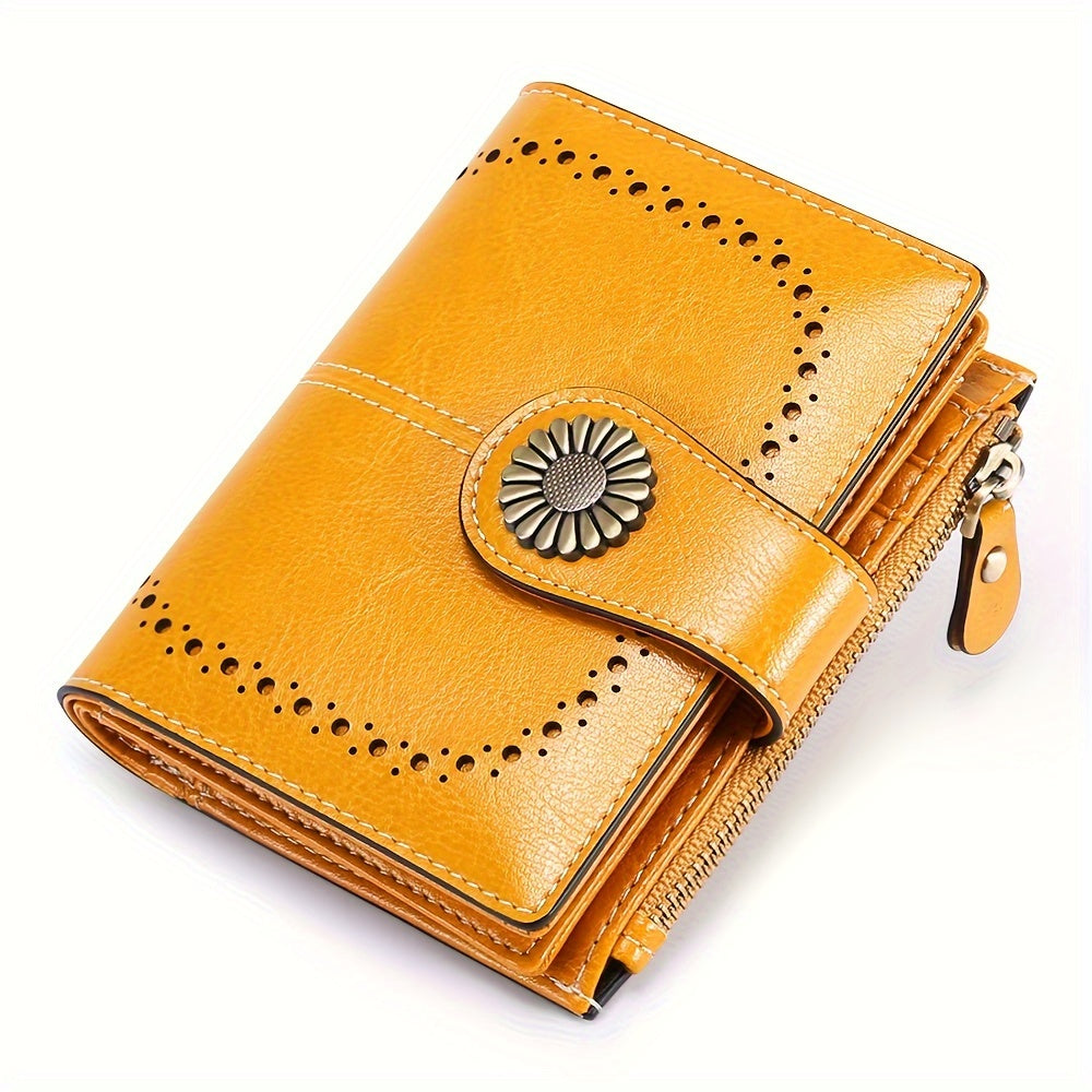16-Slot Genuine Leather Small Bifold Wallet with RFID Blocking, Zipper Coin Purse, 2 ID Windows, and Buckle Closure - Premium Leather Lining, Casual Style, and Perfect for Everyday Use