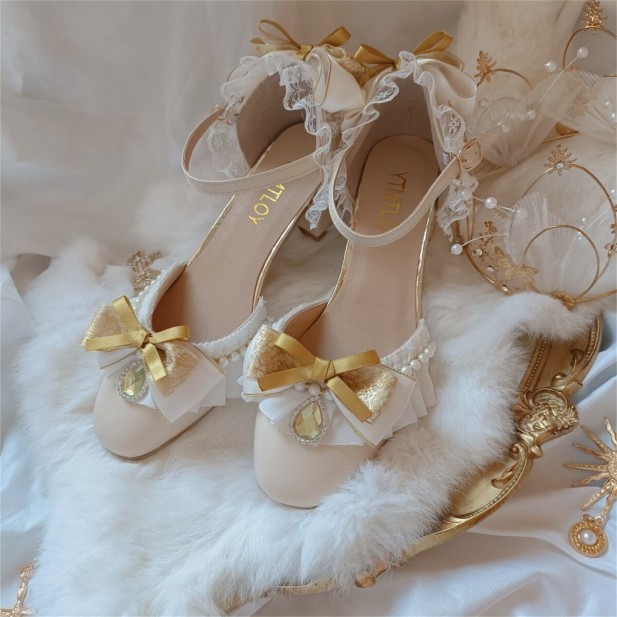 xiangtuibao Retro Court Style Lolita Cosplay Flower Wedding Girl Gorgeous Square Head Lace Ruffled Bow Gem Pearl 4.5cm High Heeled Shoes