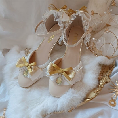 xiangtuibao Retro Court Style Lolita Cosplay Flower Wedding Girl Gorgeous Square Head Lace Ruffled Bow Gem Pearl 4.5cm High Heeled Shoes