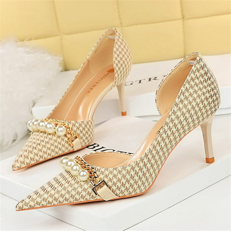 xiangtuibao Women 7.5cm 9.5cm High Heels Plaid Pumps Pointed Toe Wedding Bridal Middle Low Heels Lady Pearl Scarpins Event Stripper Shoes