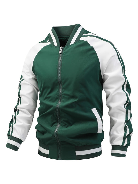 Stylish Color Block Graphic Sports Jacket - Water-Resistant, Breathable, Casual Striped Zip-Up Varsity Jacket for Outdoor Fall Winter Activities - Perfect for Hiking, Camping, and Daily Wear