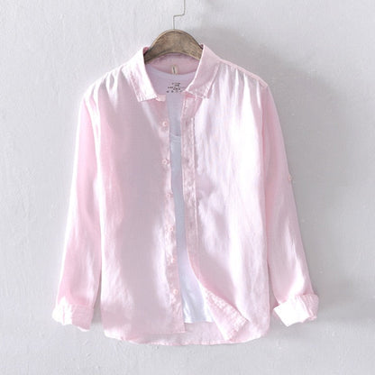 Pure Linen Shirts for Men Long Sleeve Casual Turn-down Collar Basic Classic Tops Male Fashion Solid Color Retro Clothing