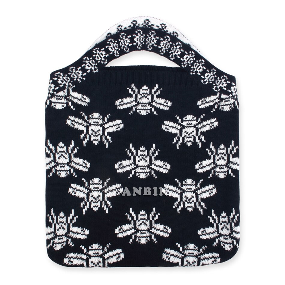 Female Clash Color Wrist Bags Jacquard Bee Animal Woolen Knitted Shoulder Casual Vintage Chic Big Capacity Totes Handbag Ladies