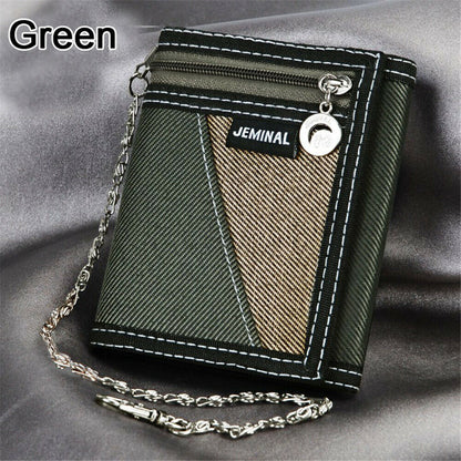 New Fashion Men Boys Girls Plain Canvas Tri-Fold Wallet Card Cash Wallet with Chain