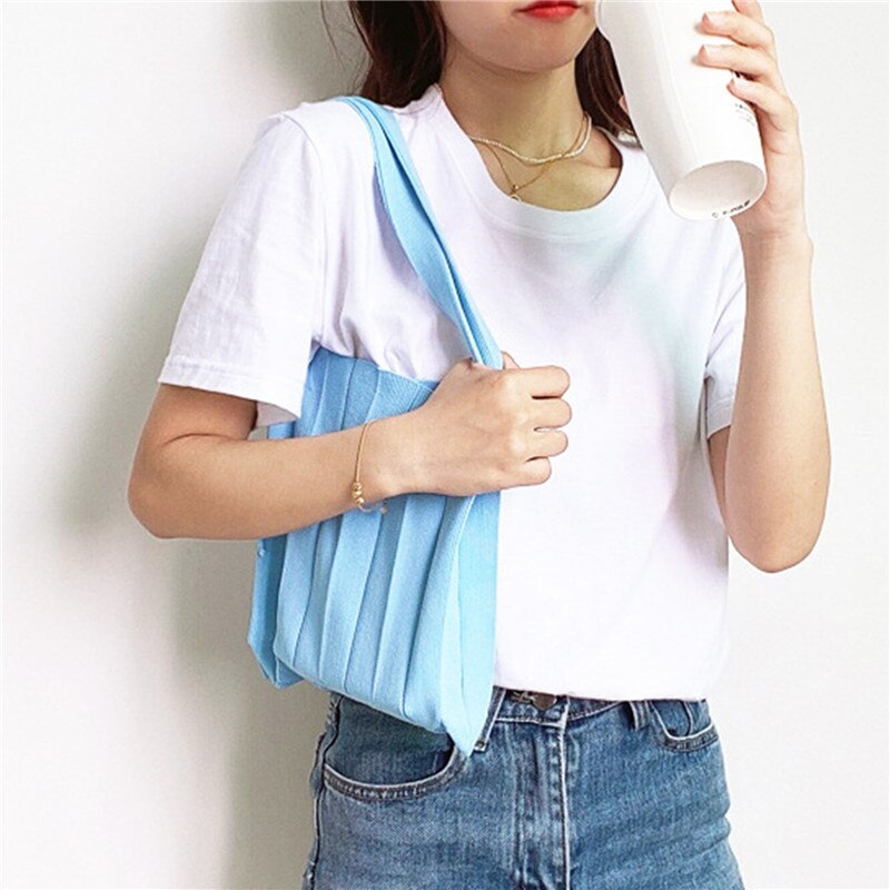 Knitting Pleated Bags Patchwork Drawstring Shopping Bags Girls Casual Weave Shoulder Bag Korean Japanese Chic Small Handbag