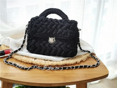 Casual Solid Hand-woven Women Handbags Cotton Crochet Handmade Women Shoulder Messenger Bag Chian Females Totes Ladies Hand Bags