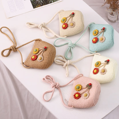 Kids Girls Large Wide Brim Straw Woven Sun Protection Beach Hat Colorful Flowers Summer Floppy Bucket Cap Portable Mini Handbag