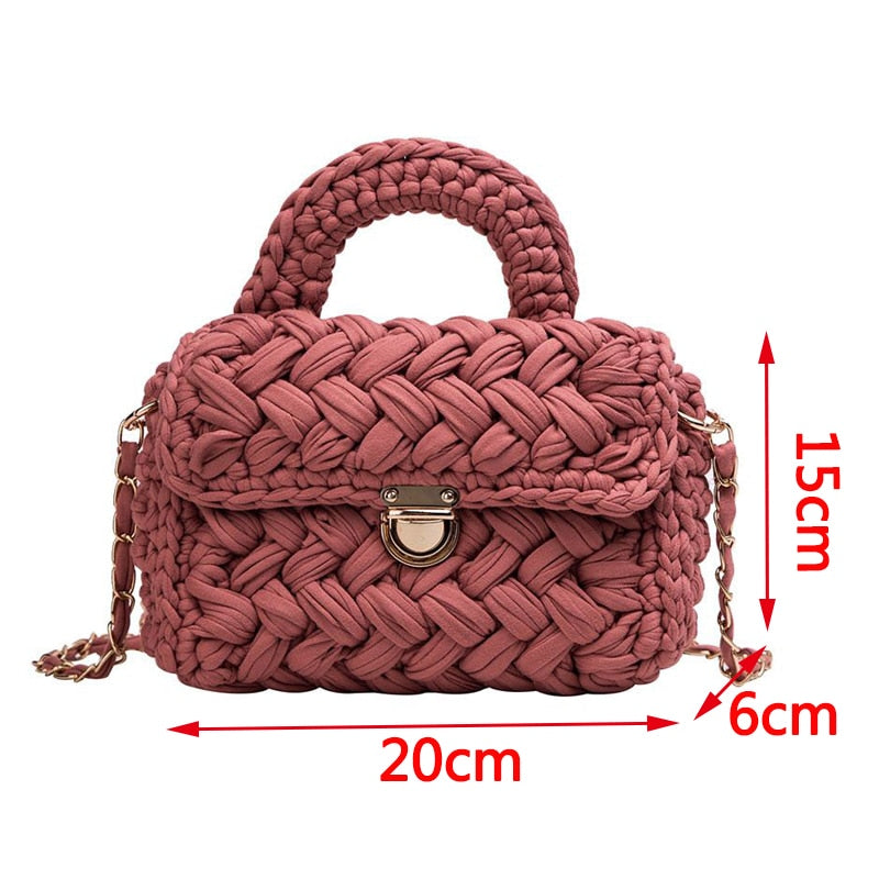 Casual Solid Hand-woven Women Handbags Cotton Crochet Handmade Women Shoulder Messenger Bag Chian Females Totes Ladies Hand Bags