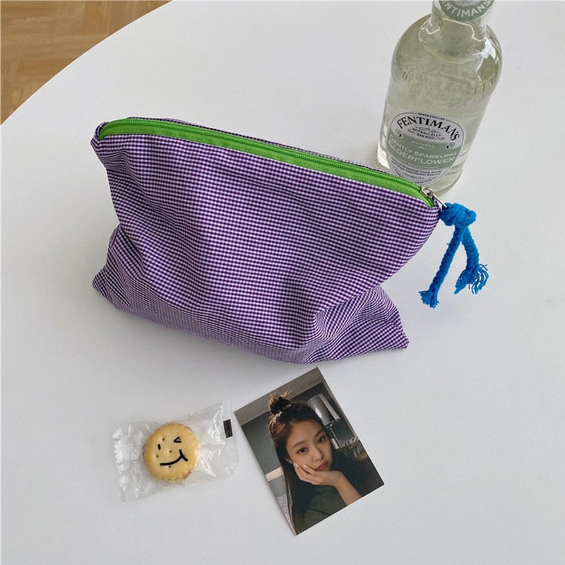 Women Plaid Makeup Bag Fashion Cotton Zipper Pouch Multipurpose for Women Travel Bath Cosmetic Bags Organizer Toiletry Wash Bag