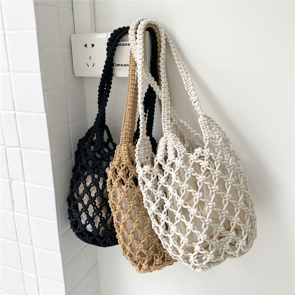 Lightweight Hollow Fishnet Beach Bucket Handbag Women Woven Shoulder Bag Fashion Summer Beach Shoulder Handbags
