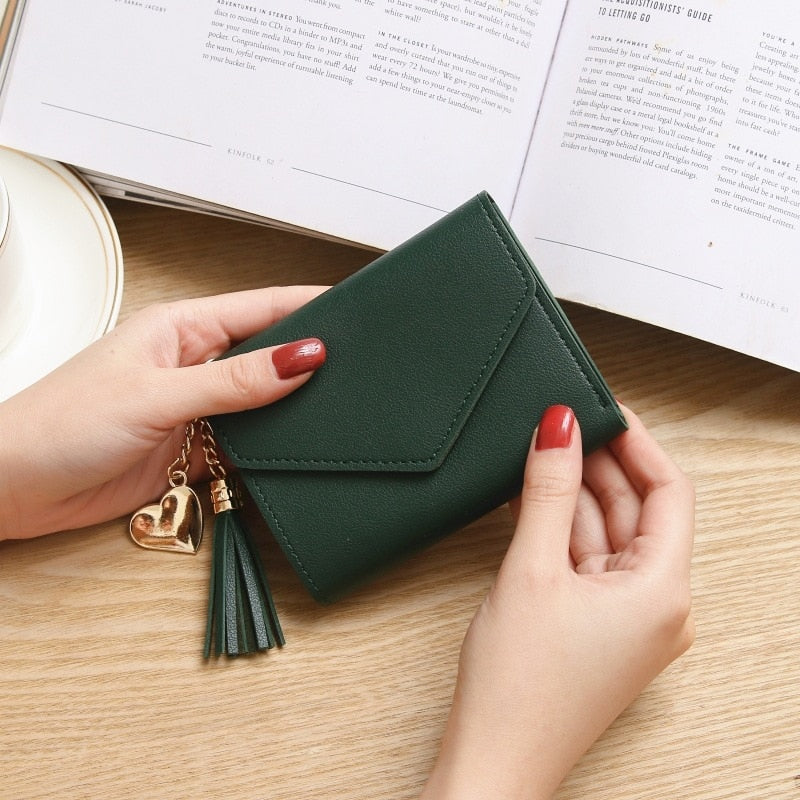 Korean Short Wallet Female Spring New Mini Tassel Pendant Thin Wallet Card Holder Small Fresh Student Buckle Coin Purse