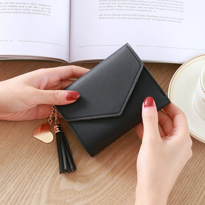 Korean Short Wallet Female Spring New Mini Tassel Pendant Thin Wallet Card Holder Small Fresh Student Buckle Coin Purse