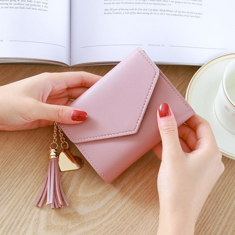 Korean Short Wallet Female Spring New Mini Tassel Pendant Thin Wallet Card Holder Small Fresh Student Buckle Coin Purse
