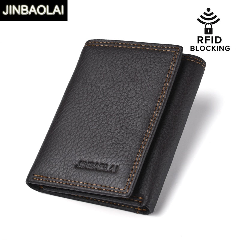 JINBAOLAI New 100% Genuine Leather Men Wallet Coin Purse RFID Blocking Wallet Men Trifold Multi-Card Card Holder Wallets Male