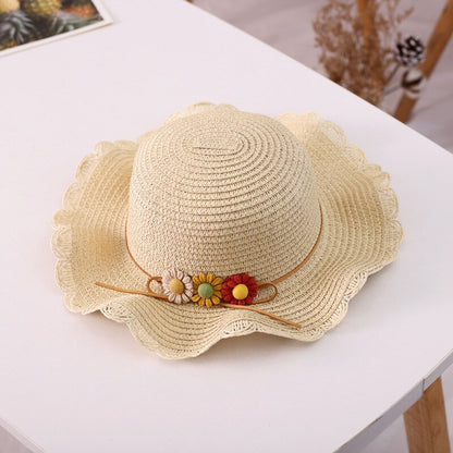 Kids Girls Large Wide Brim Straw Woven Sun Protection Beach Hat Colorful Flowers Summer Floppy Bucket Cap Portable Mini Handbag