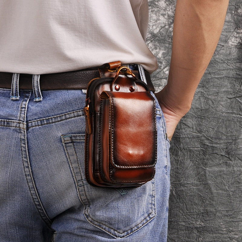Real Leather men Casual Design Small Waist Bag Cowhide Fashion Hook Bum Bag Waist Belt Pack Cigarette Case 5.5&quot; Phone Pouch 1609