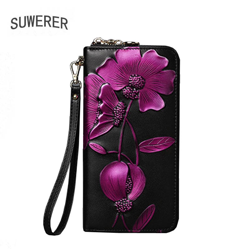 SUWERER NEW Women Genuine Cowhide Leather Bags Women Wallet Fashion Embossing Clutch bag Luxury Women Bag