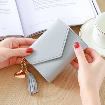 Korean Short Wallet Female Spring New Mini Tassel Pendant Thin Wallet Card Holder Small Fresh Student Buckle Coin Purse