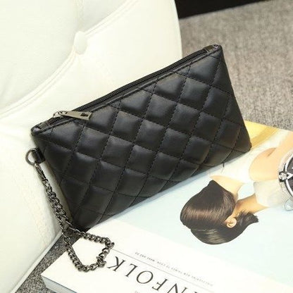 Diamond Lattice Long Wallets Women Chain Clutch Zipper Bags Money Coin Elegant Retro PU Leather Lady All-match High Quality Chic