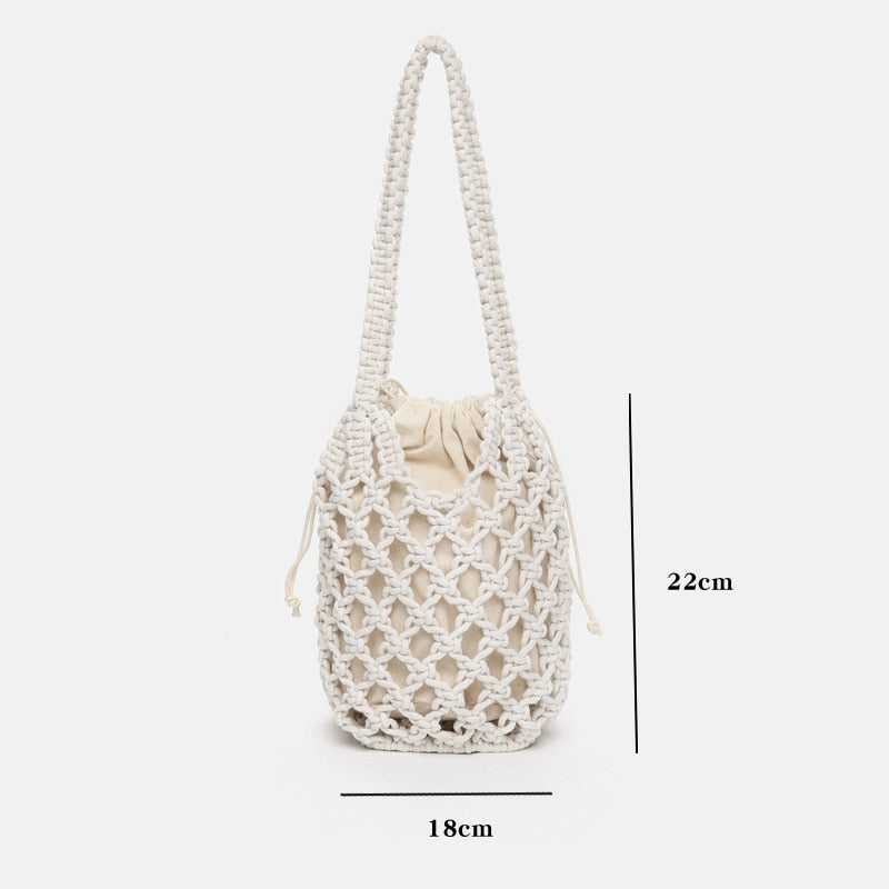 Lightweight Hollow Fishnet Beach Bucket Handbag Women Woven Shoulder Bag Fashion Summer Beach Shoulder Handbags