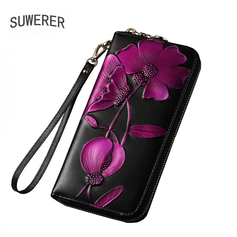 SUWERER NEW Women Genuine Cowhide Leather Bags Women Wallet Fashion Embossing Clutch bag Luxury Women Bag