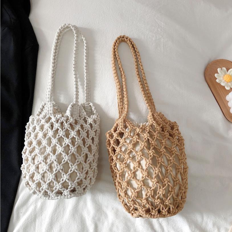 Lightweight Hollow Fishnet Beach Bucket Handbag Women Woven Shoulder Bag Fashion Summer Beach Shoulder Handbags