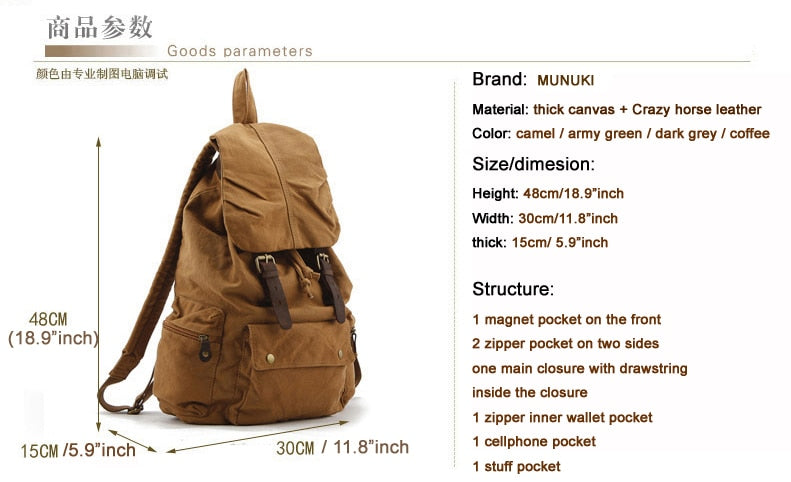 Fashion Vintage Leather military Canvas backpack Men&#39;s backpack school bag drawstring backpack women bagpack male rucksack