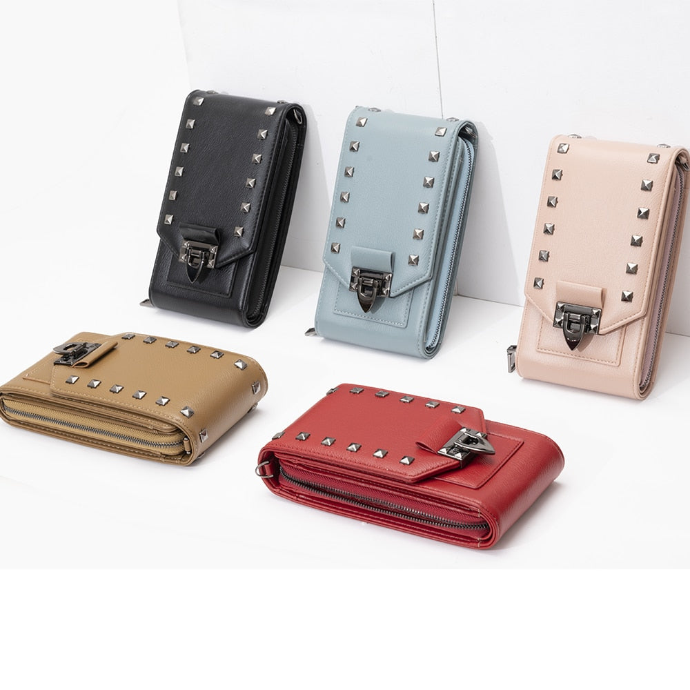 Women Soft Leather Rivet  Wallets Cell Phone Purse Crossbody Shoulder Strap PU Handbag For Female Cheap Women Messenger Bag