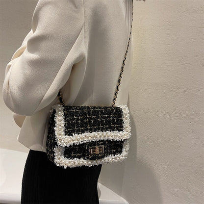 Autumn winter fashion pearls decorative plaid tweed female shoulder messenger small bags design for ladies crossbody bags