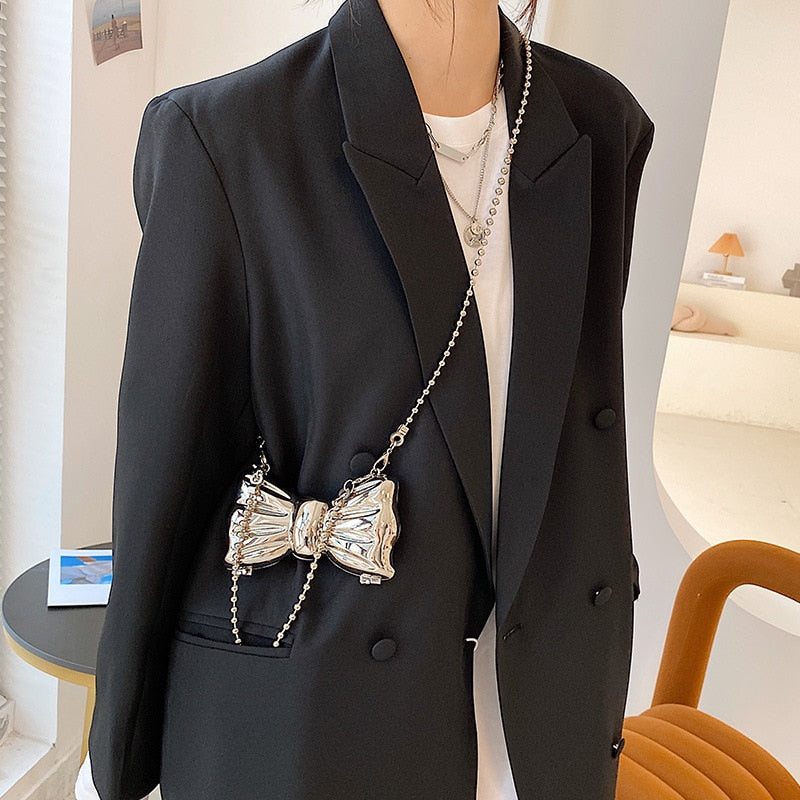 Metal Mini Bow Crossbody Bags For Women Fashion Silver Gold Shoulder Bag Women Bags Clutch Bag Lipstick Purses Coin Bags New