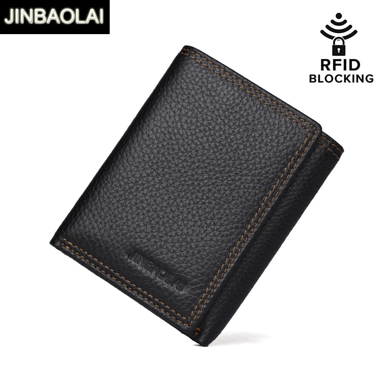 JINBAOLAI New 100% Genuine Leather Men Wallet Coin Purse RFID Blocking Wallet Men Trifold Multi-Card Card Holder Wallets Male