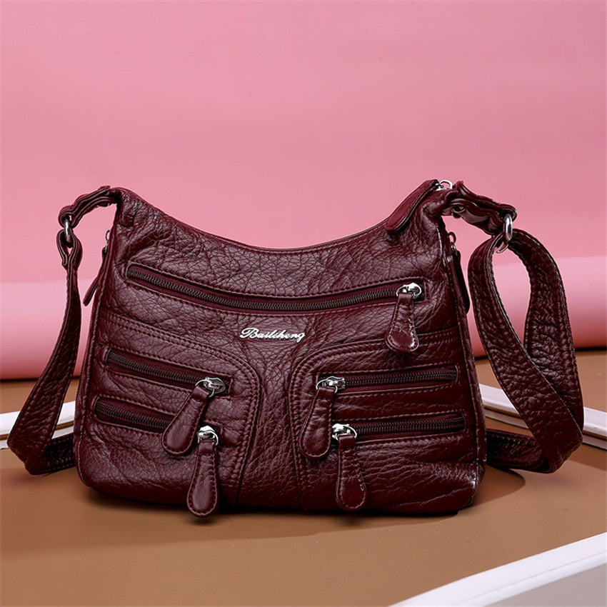 Small Soft Shoulder Bag Casual Women Bag Wash White Leather Crossbody Adjustable Multi-pocket  Ladies Pocket Bolsa De Ombro New
