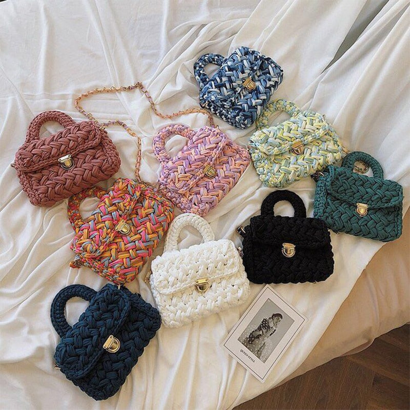 Casual Solid Hand-woven Women Handbags Cotton Crochet Handmade Women Shoulder Messenger Bag Chian Females Totes Ladies Hand Bags