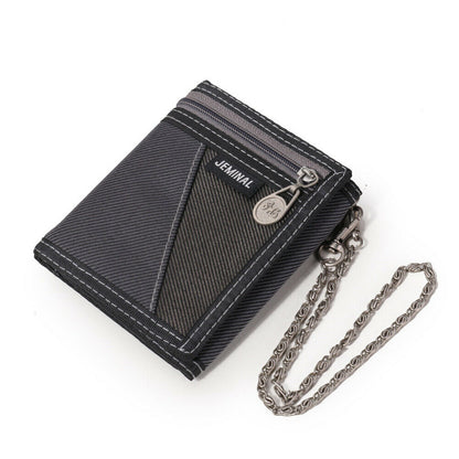 New Fashion Men Boys Girls Plain Canvas Tri-Fold Wallet Card Cash Wallet with Chain