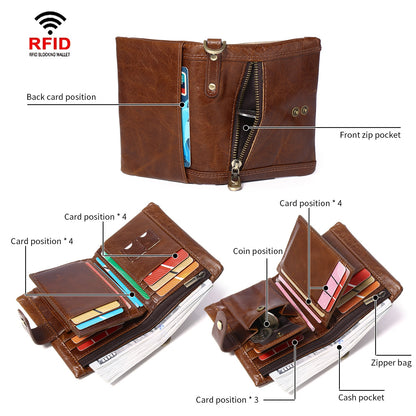 Leather Men Wallet with Anti-Theft Chain,Genuine Leather RFID Bifold Wallets Multifunctional Card Holder Minimalist Purse Zipper