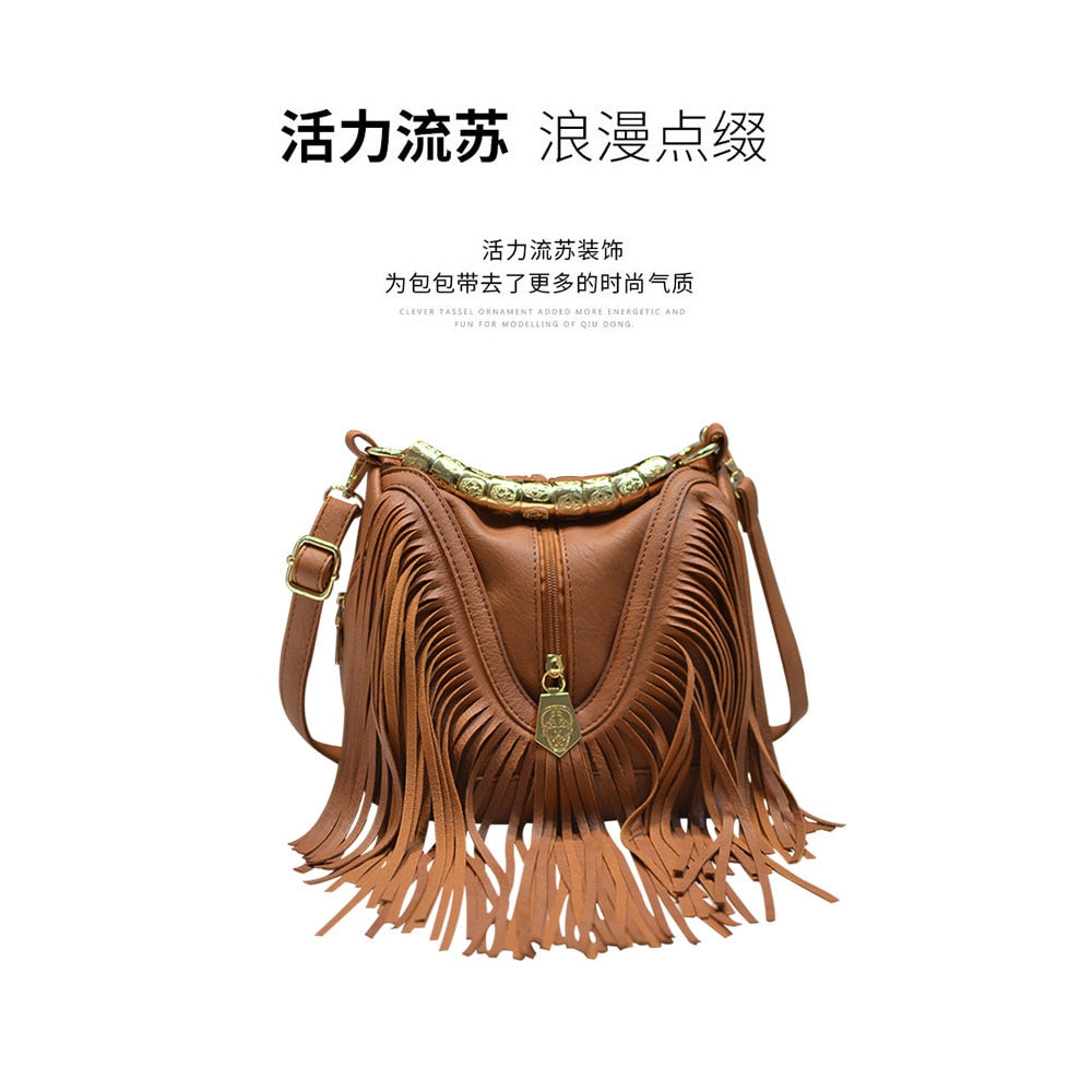 Music Festival Large Tassel Bag Handbag Shoulder Messenger Bag Female Bag Metal Handle Fashion Female Bag  Handbag Women