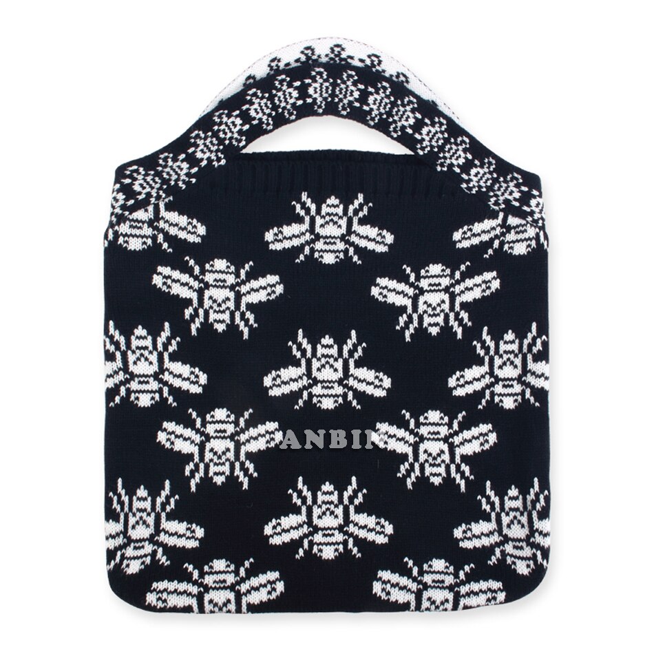 Female Clash Color Wrist Bags Jacquard Bee Animal Woolen Knitted Shoulder Casual Vintage Chic Big Capacity Totes Handbag Ladies