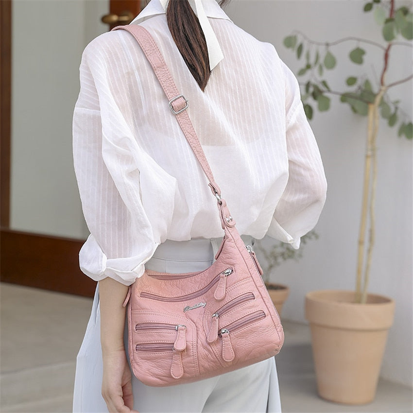 Small Soft Shoulder Bag Casual Women Bag Wash White Leather Crossbody Adjustable Multi-pocket  Ladies Pocket Bolsa De Ombro New