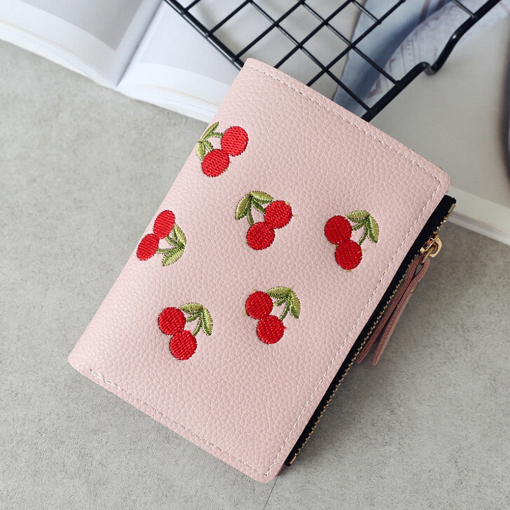 Fashion Women Girls Short Wallet Small PU Leather Cherry Embroidery Coin Purse Card Holders Lady Girl Mini Money Bag